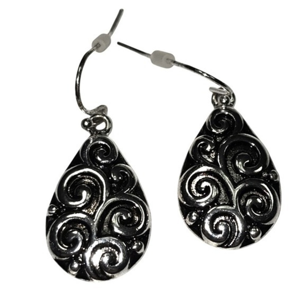 Lucky Brand Silver Teardrop Scroll Filigree Dangle Earrings Oxidized‎ Swirl  New
